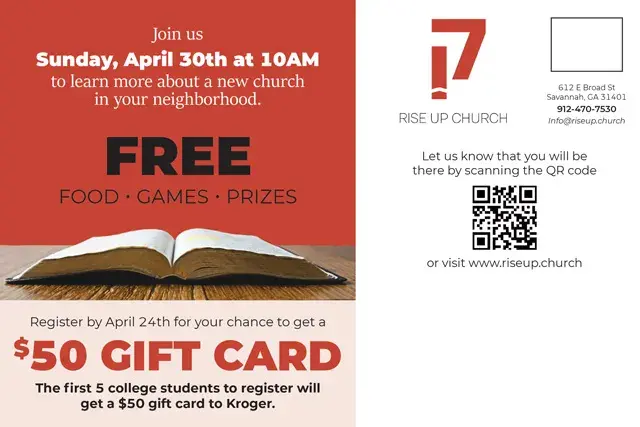 An example of the back of a direct mail postcard for a Church