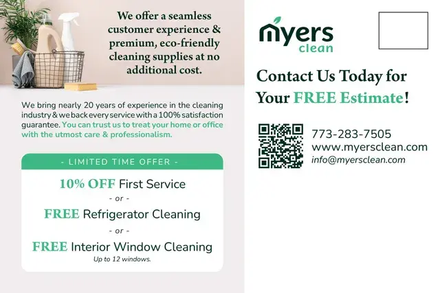 An example of the back of a direct mail postcard for a Maid ServiceAn example of the front of a direct mail postcard for a cleaning service