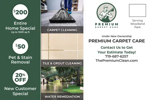 An example of the front of a direct mail postcard for a carpet care company