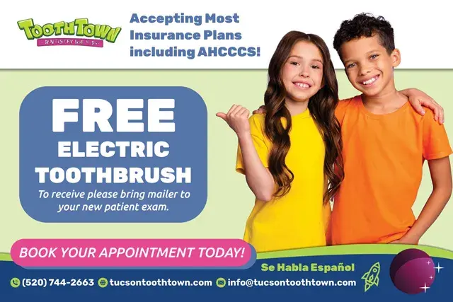 An example of the front of a direct mail postcard for a pediatric dental office