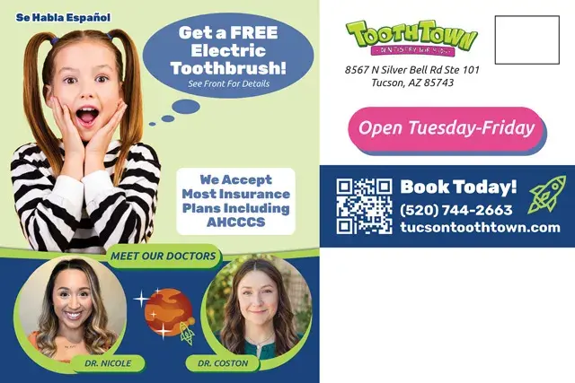 An example of the back of a direct mail postcard for a pediatric dental office