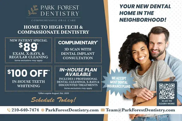 An example of the front of a direct mail postcard for a dental office