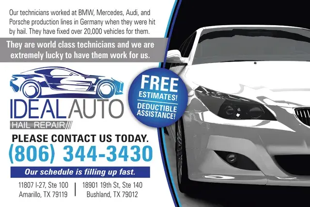 An example of the front of a direct mail postcard for an automotive dent repair shop