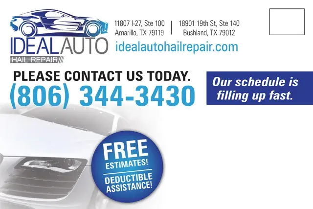 An example of the back of a direct mail postcard for an automotive dent repair shop