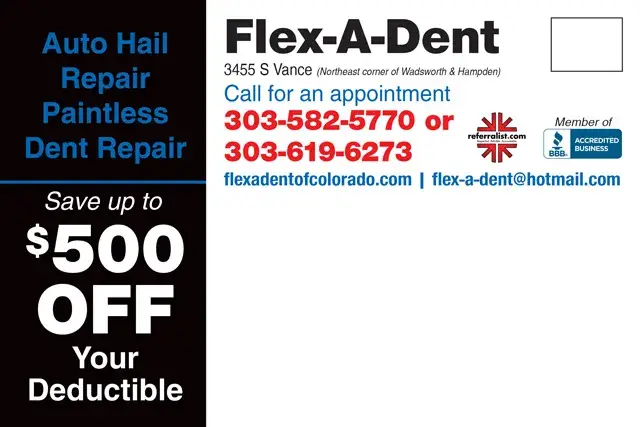 An example of the back of a direct mail postcard for an automotive dent repair shop