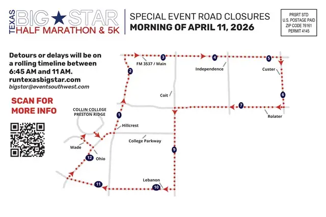 An example of the back of a direct mail postcard for the Texas Big Star Half Marathon and 5K