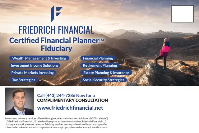 An example of the back of a direct mail postcard for a financial advisor