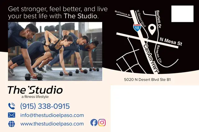 An example of the back of a direct mail postcard for a fitness studio