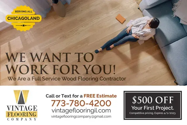 An example of the front of a direct mail postcard for a flooring contractor