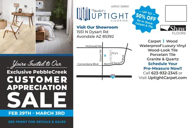An example of the back of a direct mail postcard for a flooring retail store