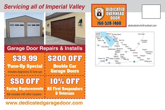 An example of the back of a direct mail postcard for a garage door repair company