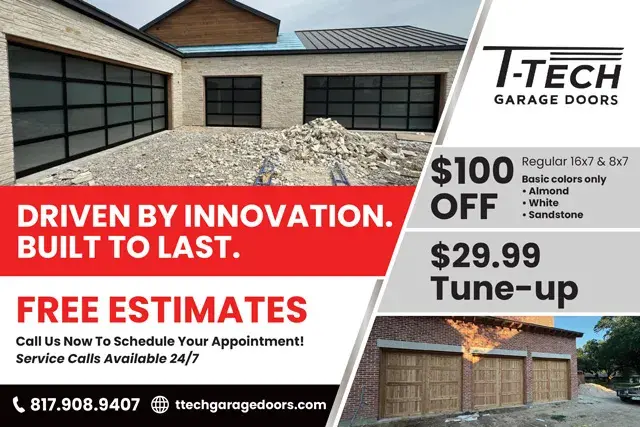 An example of the front of a direct mail postcard for a garage door contractor