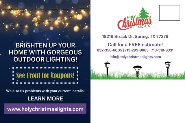An example of the back of a direct mail postcard for a holiday lighting installer