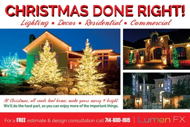 An example of the front of a direct mail postcard for an outdoor holiday lighting installer