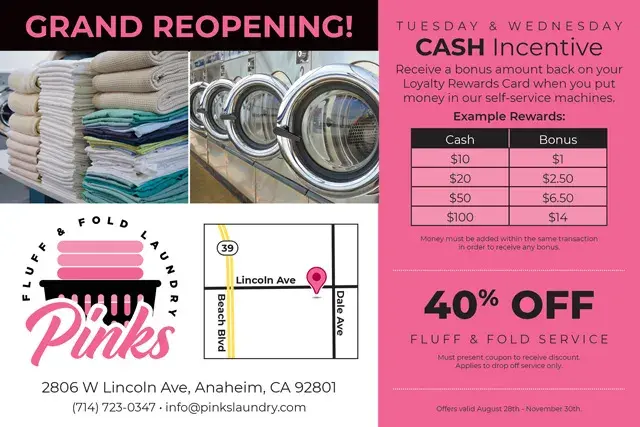 An example of the front of a direct mail postcard for a laundromat
