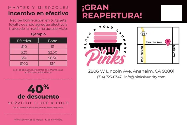 An example of the back of a direct mail postcard for a laundromat