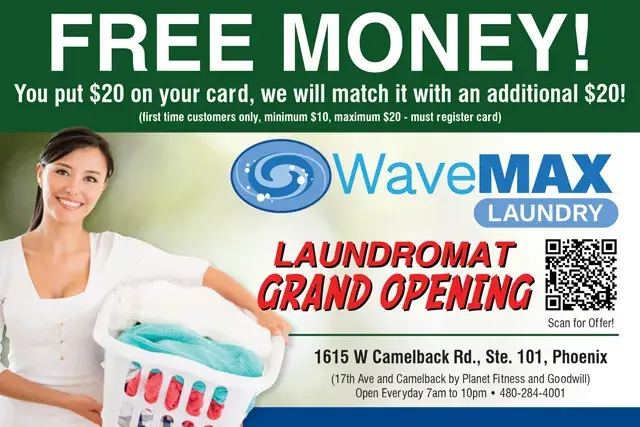 An example of the front of a direct mail postcard for a laundromat