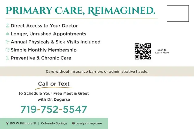 An example of the front of a direct mail postcard for a primary care physician