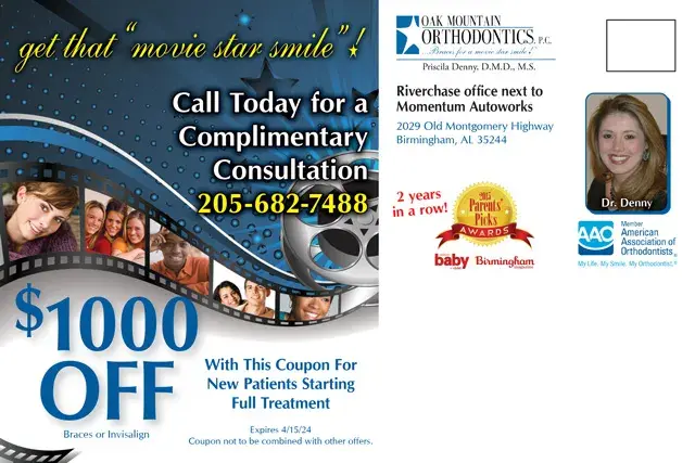 An example of the back of a direct mail postcard for an orthodontist's office