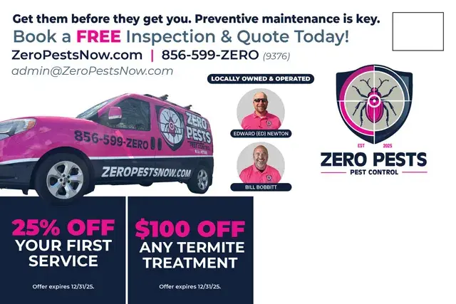 An example of the back of a direct mail postcard for a pest control company