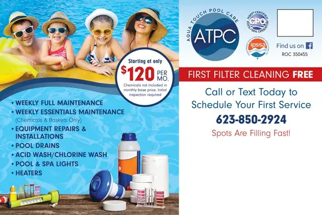An example of the back of a direct mail postcard for a pool service company