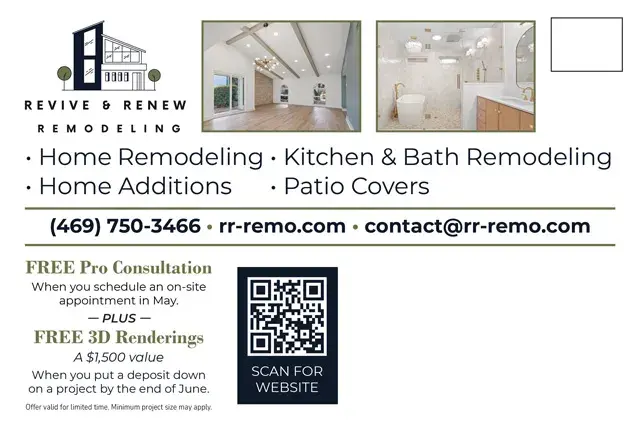 An example of the back of a direct mail postcard for a remodeling company