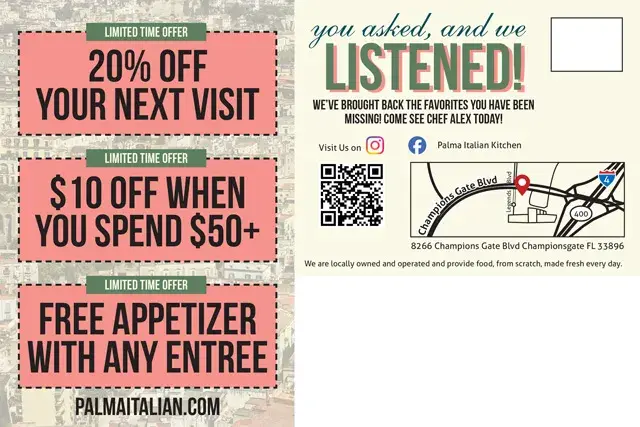 An example of the back of a direct mail postcard for an Italian restaurant