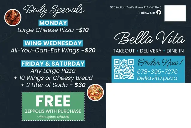 An example of the back of a direct mail postcard for a pizza restaurant