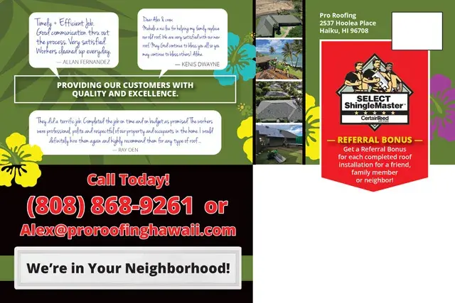An example of the back of a direct mail postcard for a roofer