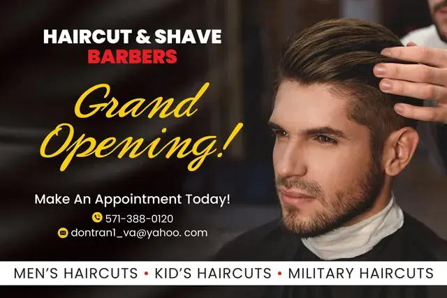 An example of the front of a direct mail postcard for a barber shop
