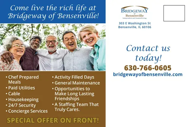 An example of the back of a direct mail postcard for a senior living center