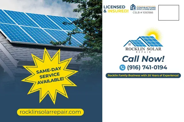 An example of the back of a direct mail postcard for a solar repair contractor