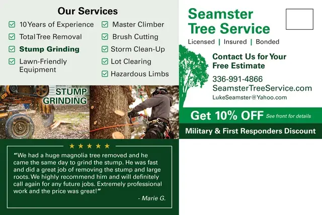 An example of the back of a direct mail postcard for a professional tree care service