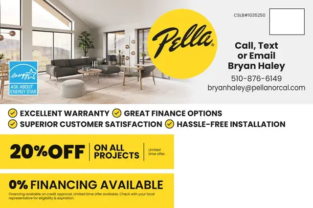 An example of the back of a direct mail postcard for a Pella windows contractor