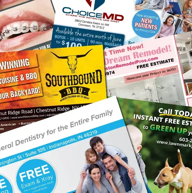 A collage of successful direct mail postcards
