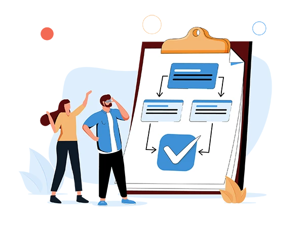 Procedure as work flow process steps scheme document tiny person concept. Strategy and task checklist regulation